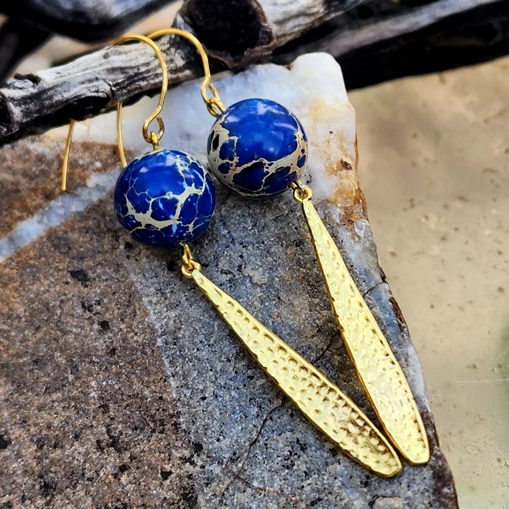 Natural Ocean Jasper 14K Gold plated Dangling Hypoallergenic Earrings